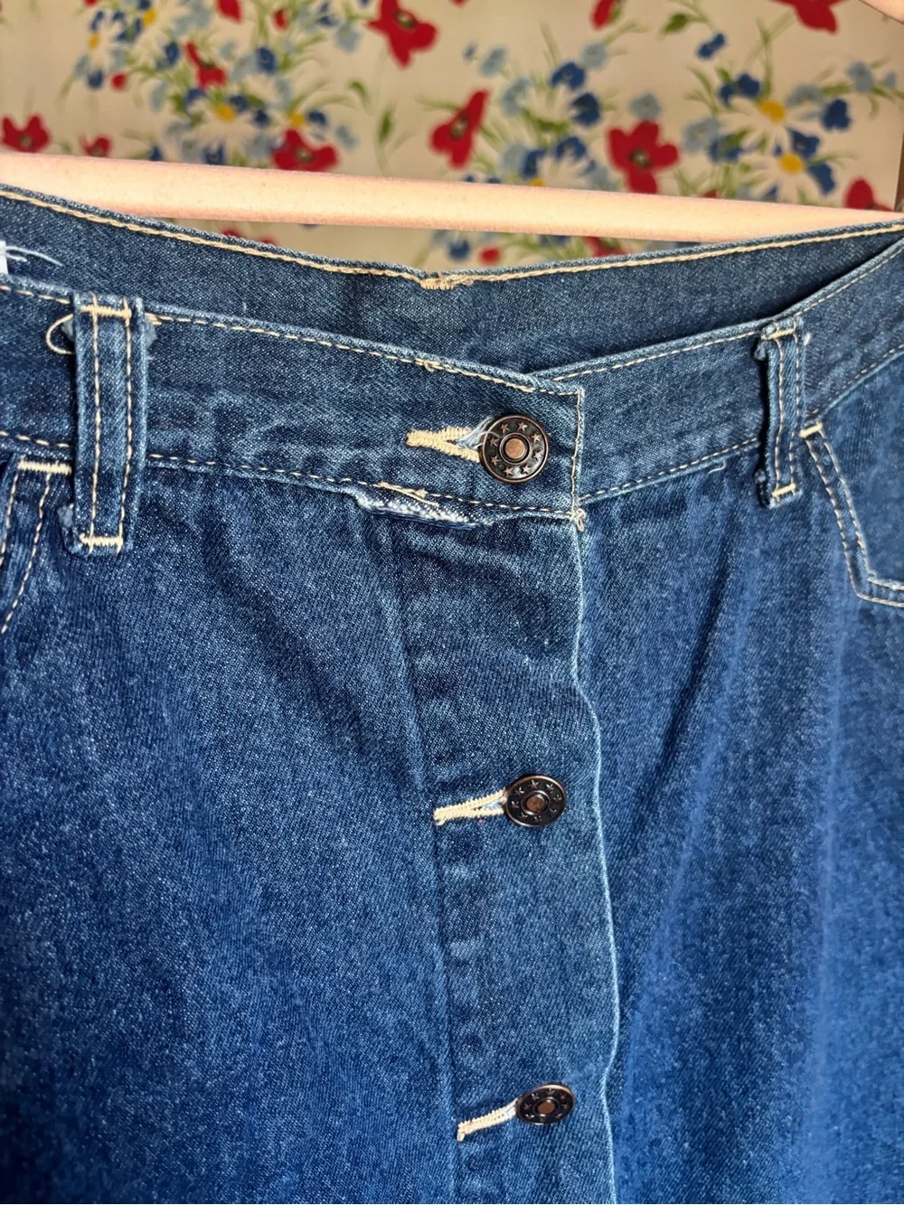 vintage 90s dark wash denim button front midi skirt fits s/m western boho euc